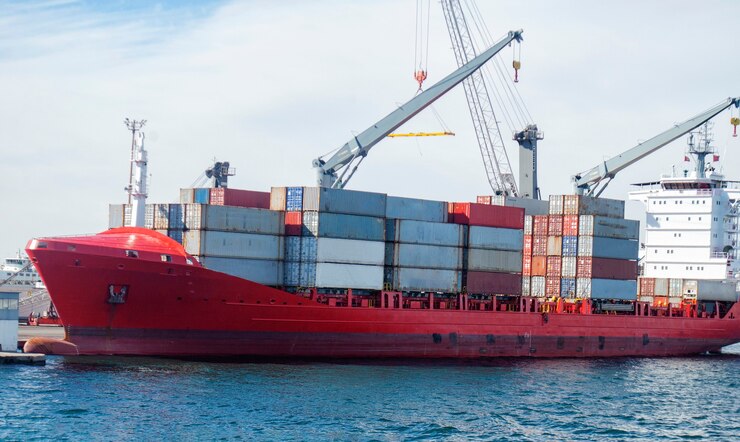 Ein Frachtschiff voller Container steht zum Be- oder Entladen.