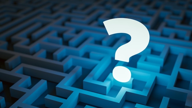 Ein Fragezeichen, das im Labyrinth verloren ging, ohne die Antwort zu finden 3D-Rendering