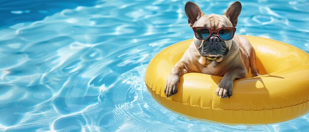 Ein französischer Bulldog mit Sonnenbrille schwimmt auf einem aufblasbaren Ring in einem Schwimmbad mit blauem Wasser
