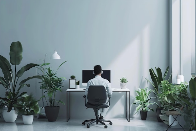 Ein Freelancer, der in einem ruhigen minimalistischen Raum arbeitet