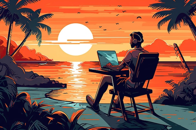 Ein Freiberufler sitzt auf einer exotischen Insel und arbeitet an einem Laptop, während die warme Sonne und die sanfte Brise sie begleiten. Die wunderschöne Landschaft inspiriert ihre Kreativität. Illustration Generative KI