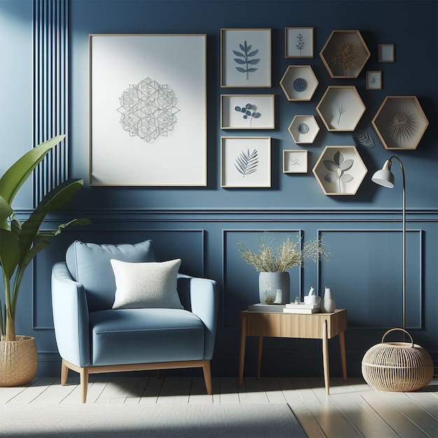 Ein freier fotoblauer Sessel gegen eine blaue Wand im Wohnzimmer. Elegante Innenarchitektur.