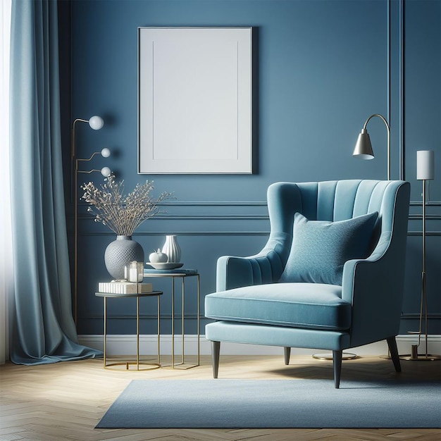 Ein freier fotoblauer Sessel gegen eine blaue Wand im Wohnzimmer. Elegante Innenarchitektur.