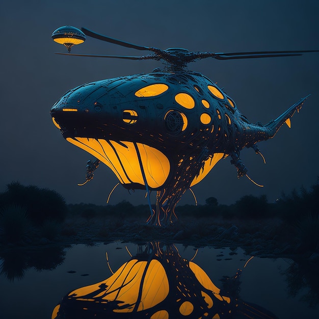 Ein freies Foto von einem Hubschrauber, der anmutig aus dem Wasser springt, und 3D-Medusenbeleuchtung