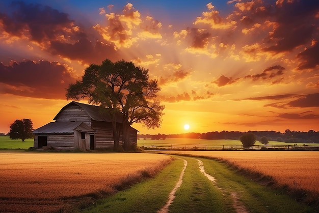 Ein freies Weitwinkelfoto eines einzigen Baumes, der während eines Sonnenuntergangs unter einem bewölkten Himmel wächst, umgeben von b