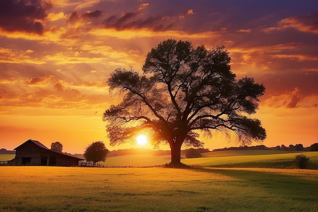 Ein freies Weitwinkelfoto eines einzigen Baumes, der während eines Sonnenuntergangs unter einem bewölkten Himmel wächst, umgeben von b