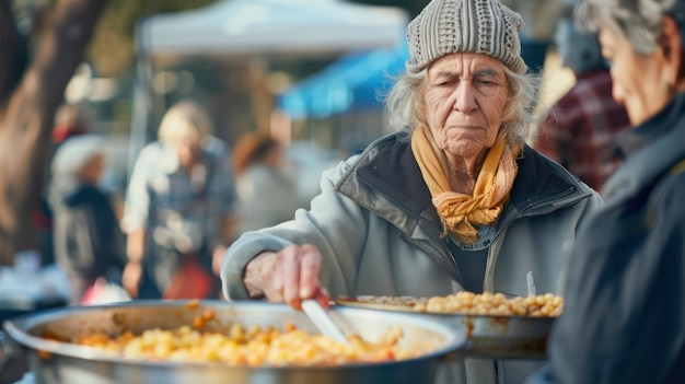 Ein Freiwilliger der Kirche, der den Obdachlosen während einer Gemeindeveranstaltung Essen serviert