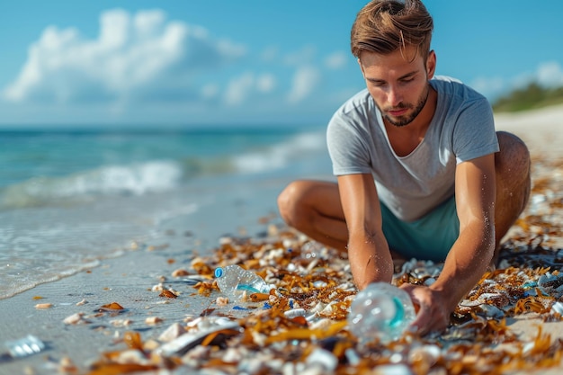 Foto ein freiwilliger sammelt müll am strand und fördert das ökologische bewusstsein