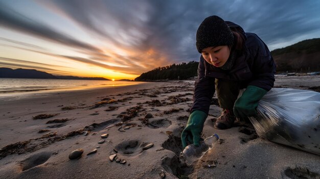 Ein Freiwilliger sammelt Müll an einem Sandstrand mit auffallenden Farben des Sonnenuntergangs am Himmel