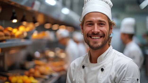 Ein freudiger Chef in einer geschäftigen Restaurantküche