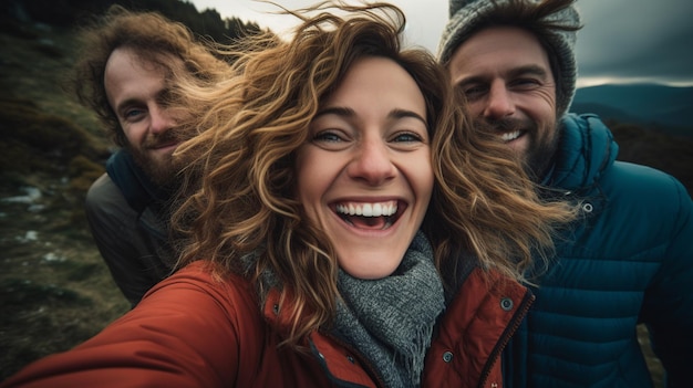 Foto ein freudiger familienselfie-moment mit einer lächelnden frau