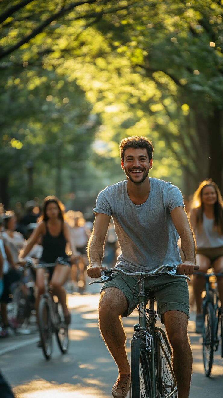 Ein freudiger Radfahrer in einem sonnigen Park