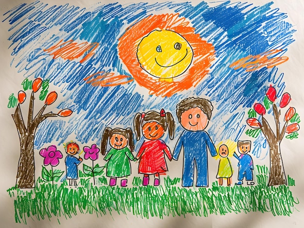 Ein freudiges Familienporträt in einer lebendigen Außenszene, gezeichnet von einem einfallsreichen Kind