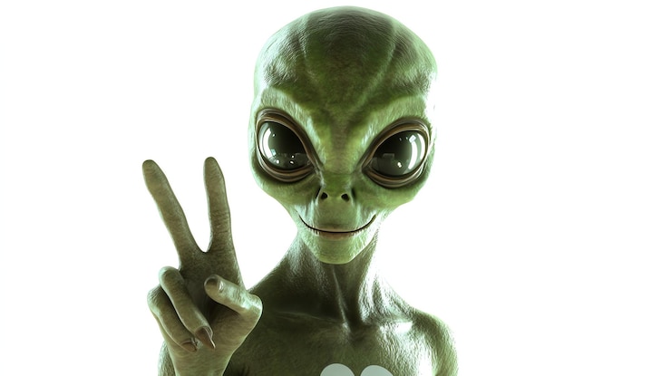 Foto ein freundlich aussehender außerirdischer mit großen augen macht ein friedenszeichen