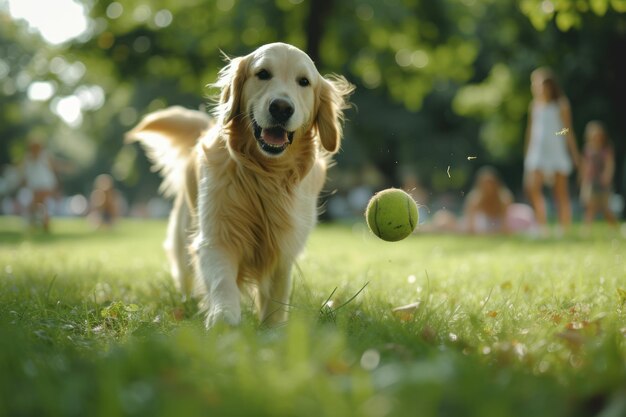 Ein freundlicher Golden Retriever schüttelt mit dem Schwanz und holt eifrig einen geworfenen Tennisball