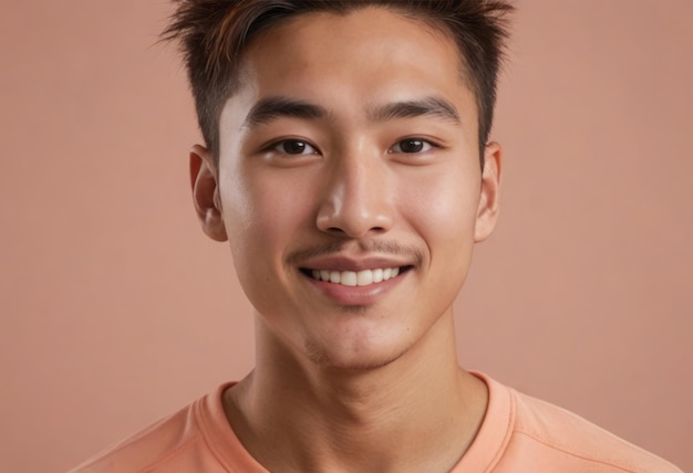Ein freundlicher junger Mann mit einem kurzen Haarschnitt, der herzlich lächelt, trägt ein pfirsichfarbenes Hemd gegen eine