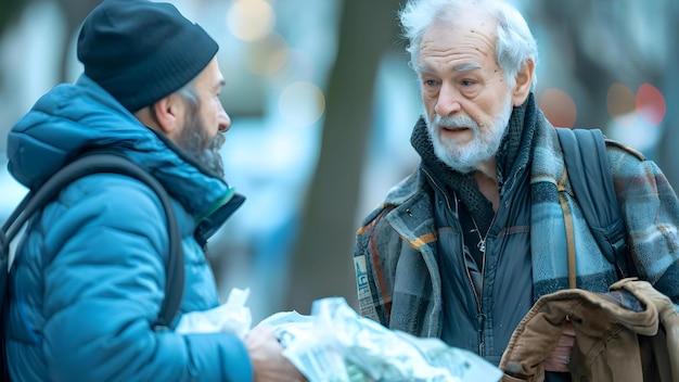 Foto ein freundlicher passant bietet einem obdachlosen essen, geld und alte kleidung an konzept freundlichkeit obdachlosigkeit großzügigkeit hilfe für andere taten des mitgefühls