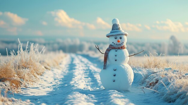 Foto ein freundlicher schneemann steht stolz mitten auf einem schneebedeckten feld, eine fröhliche winterszene.