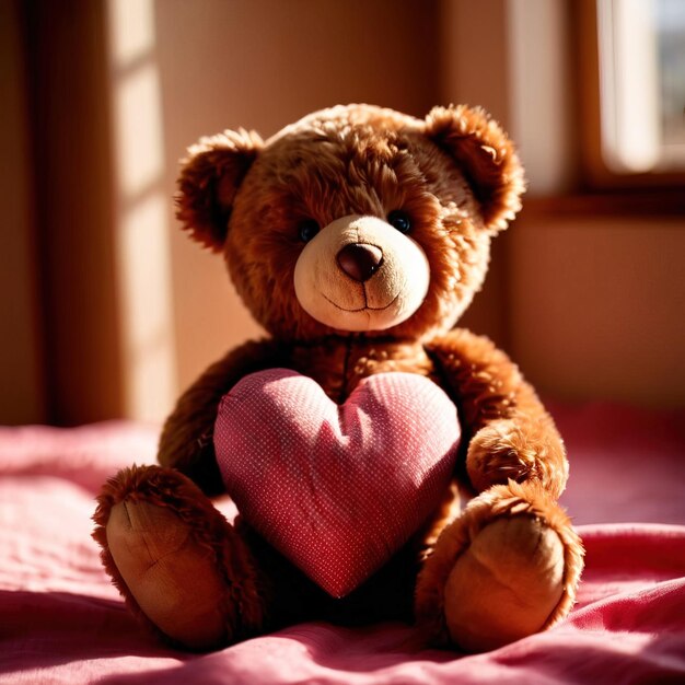 Foto ein freundlicher teddy, der liebe schenkt und ein herz für valentinstag hält