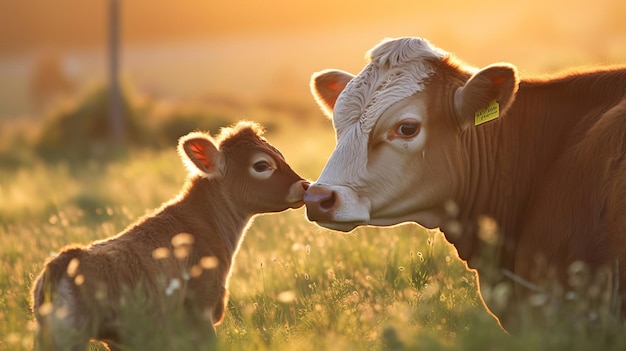 Ein freundliches Kalb, das sich an seine Mutter schmiegt, wurde von der KI erzeugt