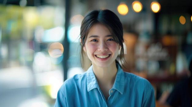Ein freundliches Porträt einer jungen asiatischen Frau mit einem willkommenen Lächeln, die in einem sonnigen Café steht und