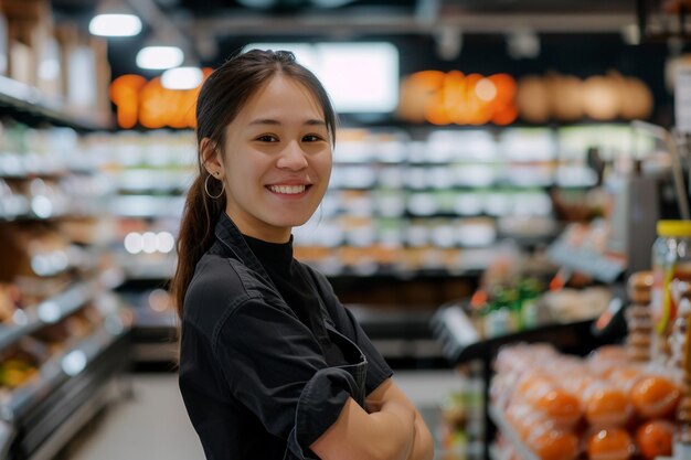 Ein freundliches Supermarktmitarbeiter lächelt bei der Arbeit mit KI