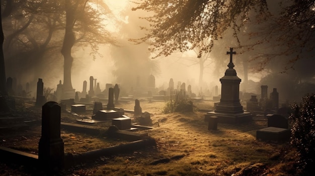 Ein Friedhof mit einem Baum im Hintergrund