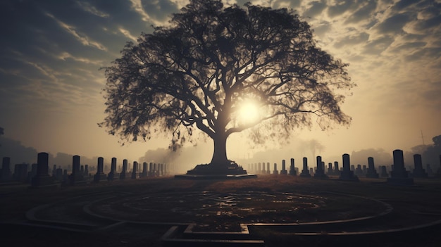 Ein Friedhof mit einem Baum in der Mitte des Friedhofs