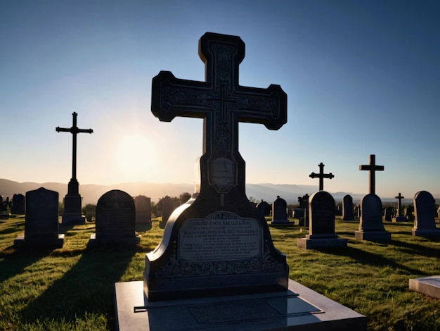 ein Friedhof mit einem Kreuz darauf und einem blauen Himmel im Hintergrund