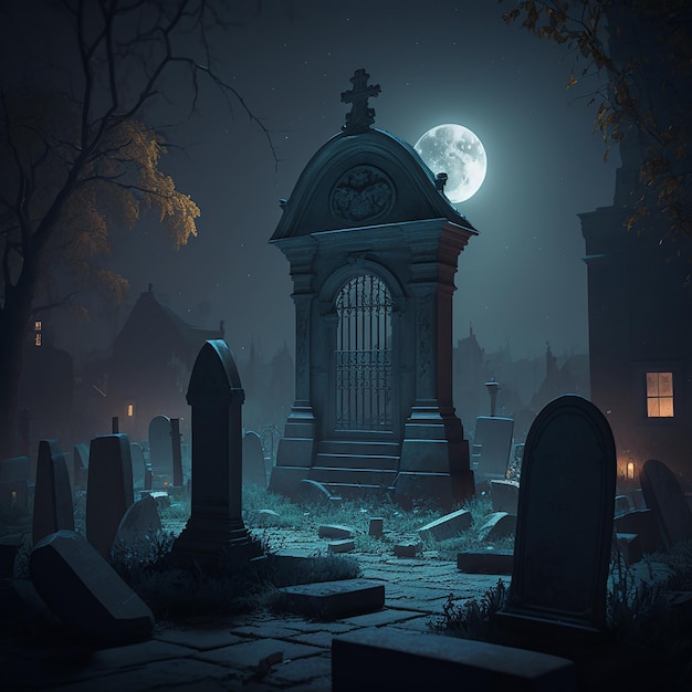 Ein Friedhof mit einem Mond am Himmel