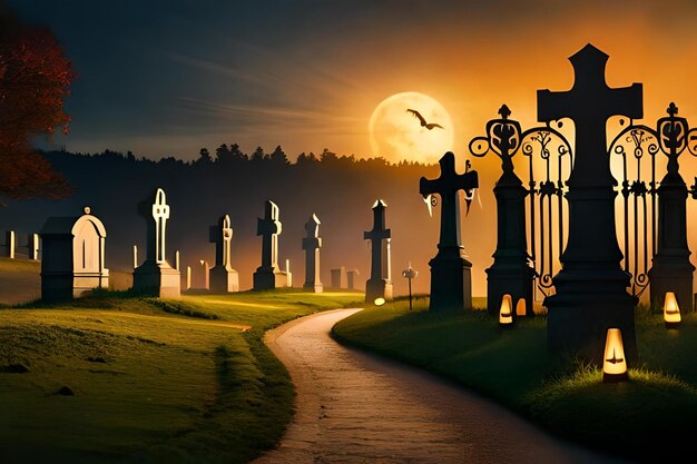 Foto ein friedhof mit einem mond am himmel