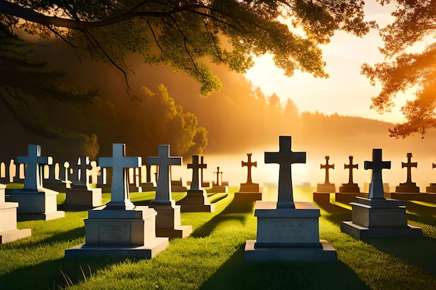 Ein Friedhof mit Kreuzen und der Sonne, die durch die Bäume scheint