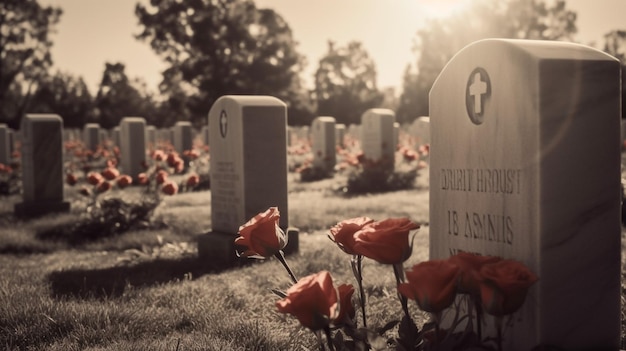 Ein Friedhof mit roten Blumen und der Aufschrift „The Red Poppy“ darauf