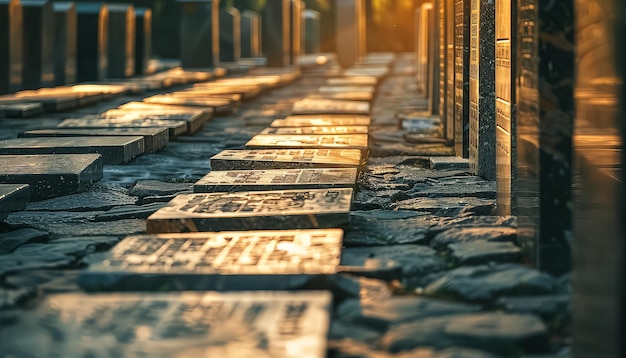 Ein Friedhof mit vielen Grabsteinen und einem Pfad aus Blättern