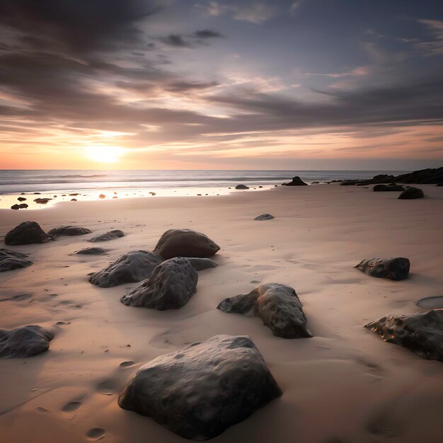 Ein friedlicher Blick auf einen einsamen Strand am Ende des Tages Generative KI