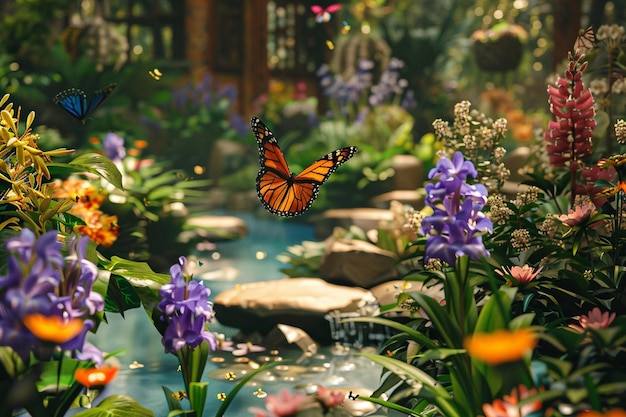 Ein friedlicher Garten mit bunten Schmetterlingen