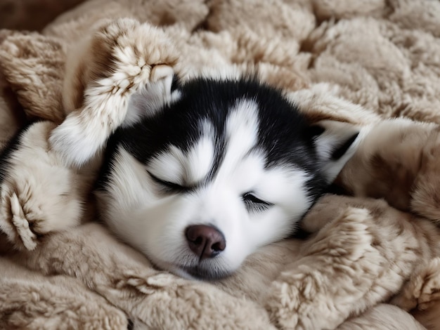 Ein friedlicher Husky-Welpe, der in einem Stapel weicher Kissen träumt