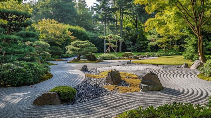 Foto ein friedlicher japanischer garten mit einem kiesweg und gepflegten bäumen