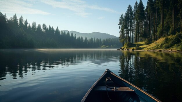 Foto ein friedlicher morgen am see mit kanu und kiefern