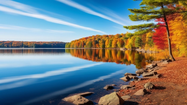 Ein friedlicher See, umgeben von lebendigem Herbstlaub