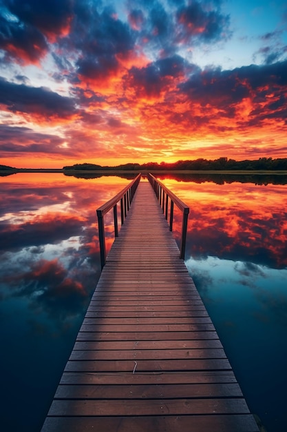 Ein friedlicher Sonnenuntergang am See mit dem Himmel im ruhigen Wasser.