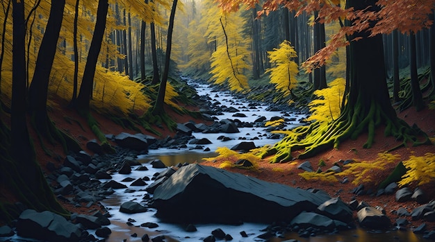 Ein friedlicher Wald, umgeben von hohen, farbenfrohen Bäumen