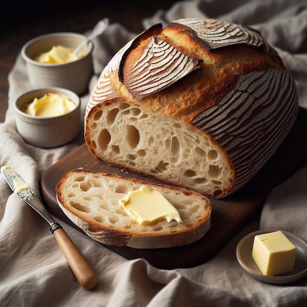 Ein frisch gebackenes Brot aus Sauerteig mit Butter