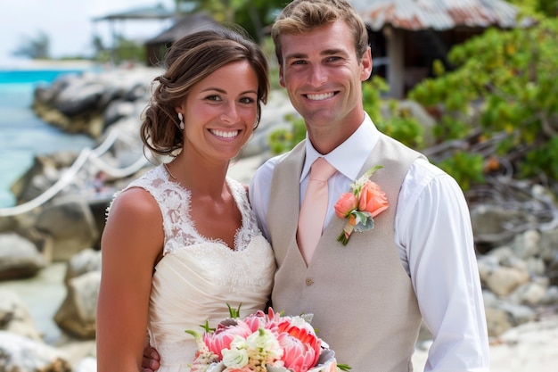 Foto ein frisch verheiratetes paar feiert seine hochzeit am strand. lächelnde braut und bräutigam im tropenraum