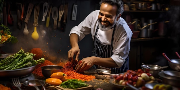 Ein frischer Koch bereitet frisches Gemüse in einer rustikalen Küche vor, in der kulinarische Meisterkenntnis und Leidenschaft in Aktion sind.