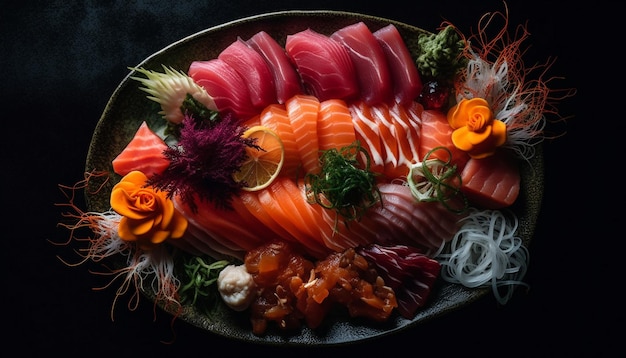 Ein frisches Meeresfrüchtegericht mit Sashimi Nigiri und Maki-Sushi, generiert von KI