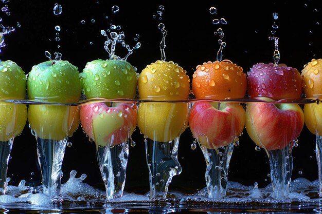 Foto ein frisches obst oder gemüse mit wassertropfen, die einen spritz in der werbung für lebensmittelfotografie erzeugen