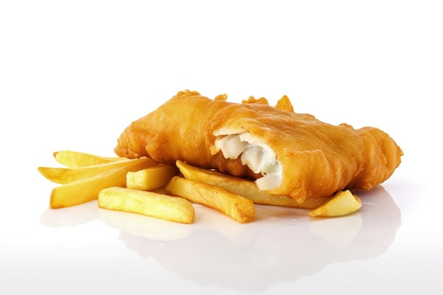 Ein frittierter Fish and Chips auf einem weißen Hintergrund generative AI