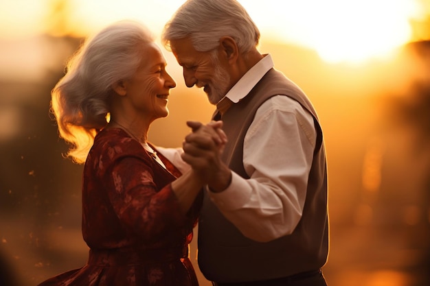 Ein fröhlich tanzendes, romantisches und liebevolles altes Paar bei Sonnenuntergang. Generative Ai
