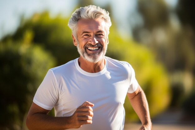 Ein fröhlicher älterer Mann, der seine Gesundheit in einem erfrischenden Morgenjogging inmitten der strahlenden Schönheit des Sommers umarmt